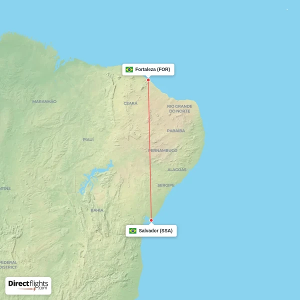 Salvador - Fortaleza direct flight map