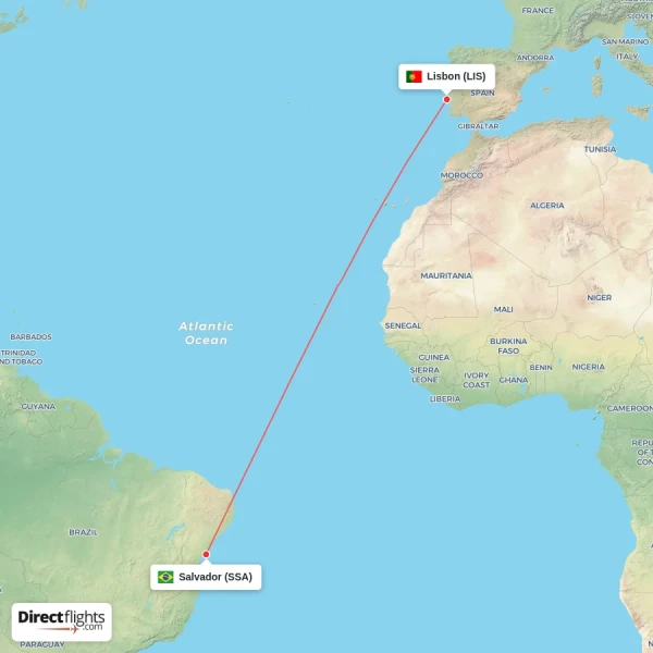 Salvador - Lisbon direct flight map
