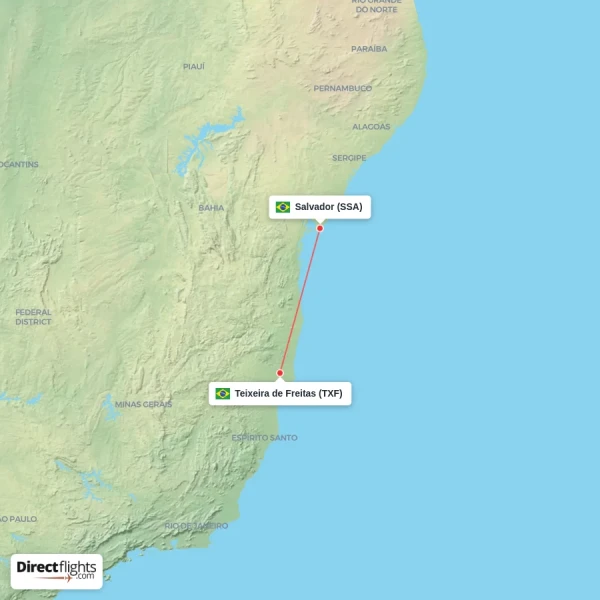 Salvador - Teixeira de Freitas direct flight map