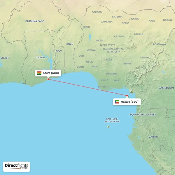 Malabo - Accra direct flight map