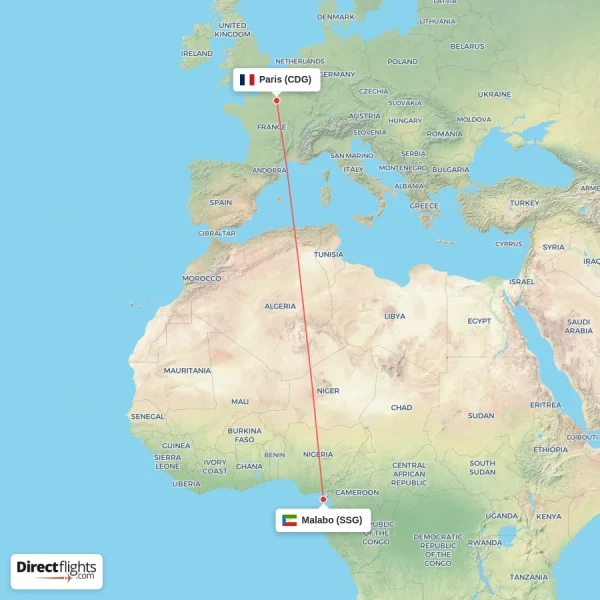Malabo - Paris direct flight map