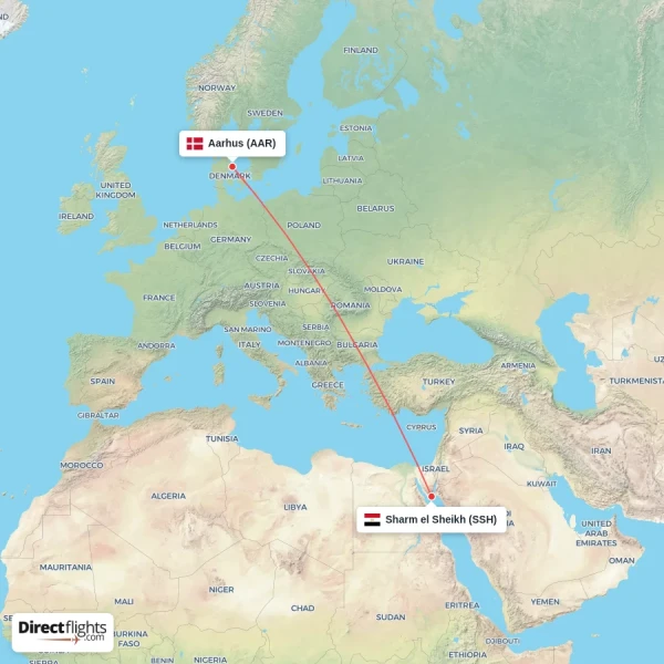 Sharm el Sheikh - Aarhus direct flight map