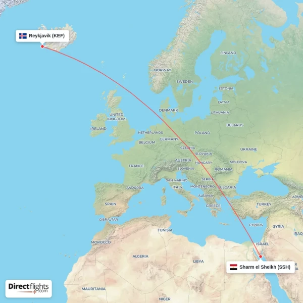 Sharm el Sheikh - Reykjavik direct flight map