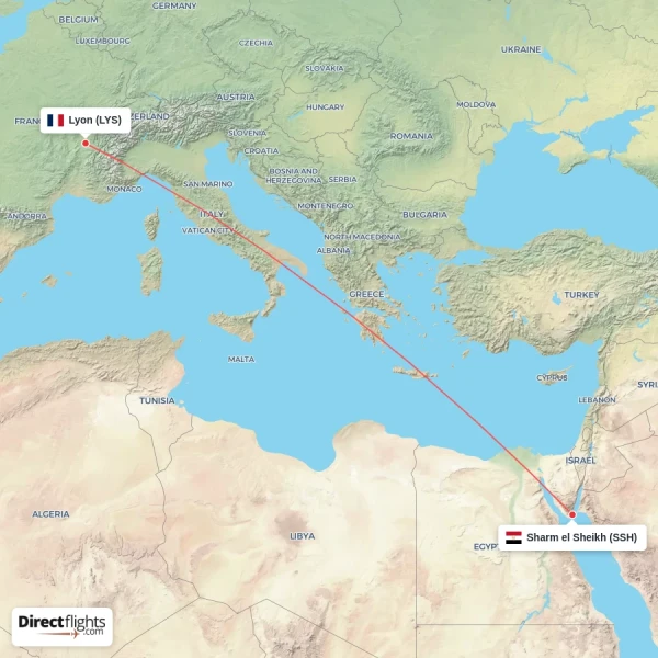 Sharm el Sheikh - Lyon direct flight map