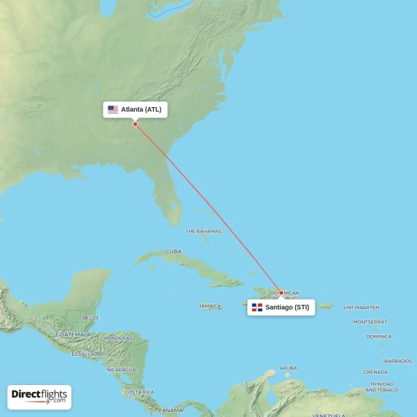 Santiago - Atlanta direct flight map