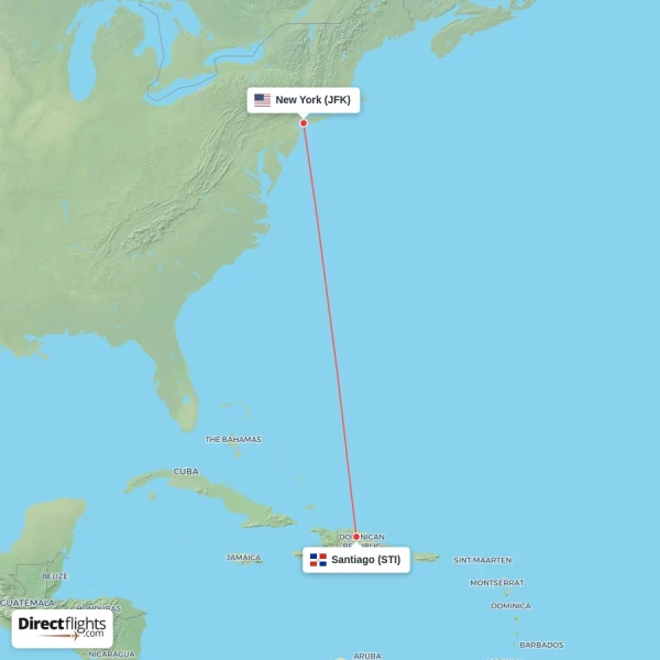 Santiago - New York direct flight map
