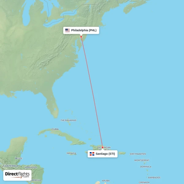 Santiago - Philadelphia direct flight map
