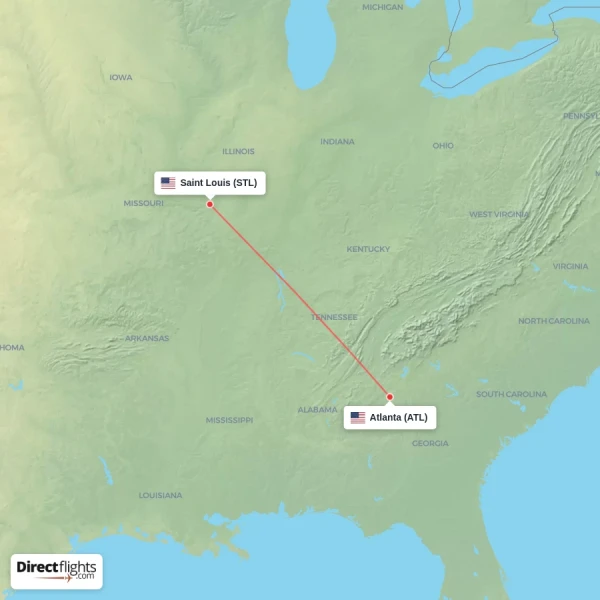 Saint Louis - Atlanta direct flight map