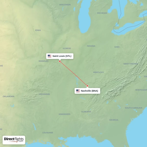 Saint Louis - Nashville direct flight map