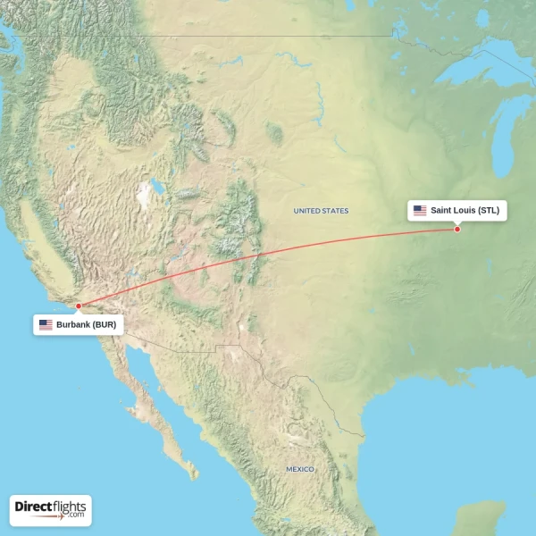 Saint Louis - Burbank direct flight map