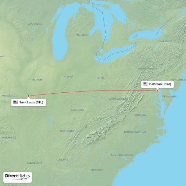 Saint Louis - Baltimore direct flight map