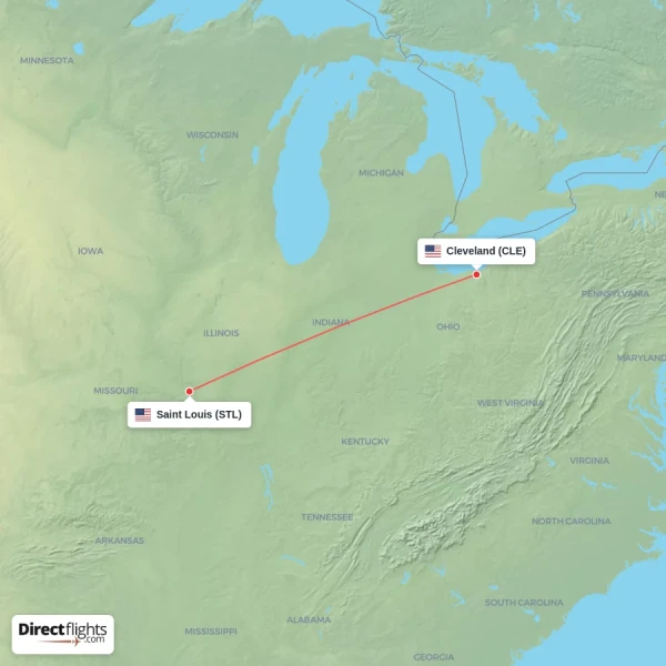 Saint Louis - Cleveland direct flight map