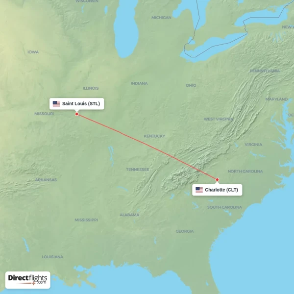 Saint Louis - Charlotte direct flight map
