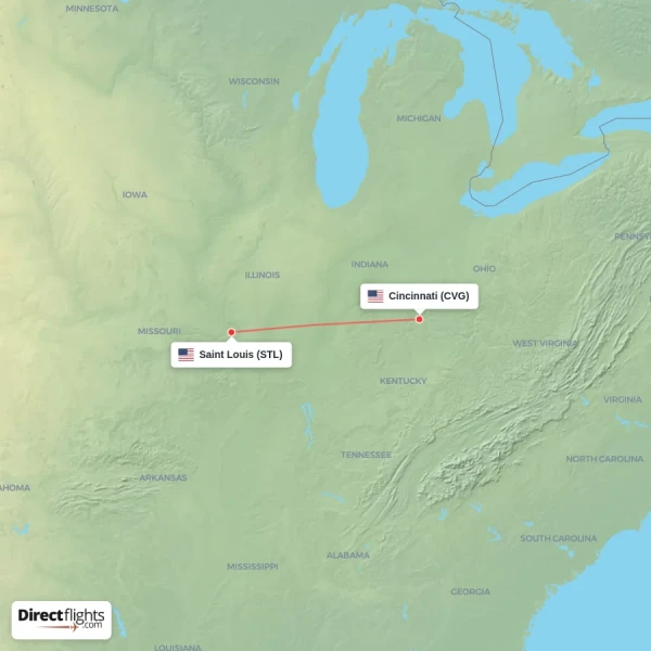 Saint Louis - Cincinnati direct flight map