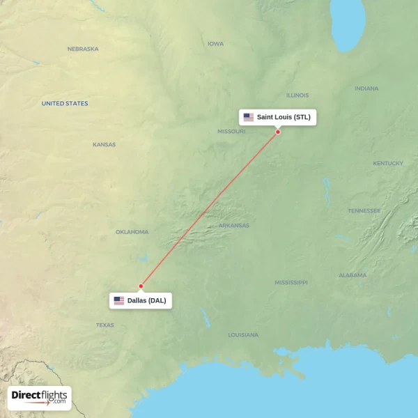 Saint Louis - Dallas direct flight map