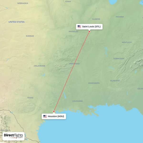 Saint Louis - Houston direct flight map
