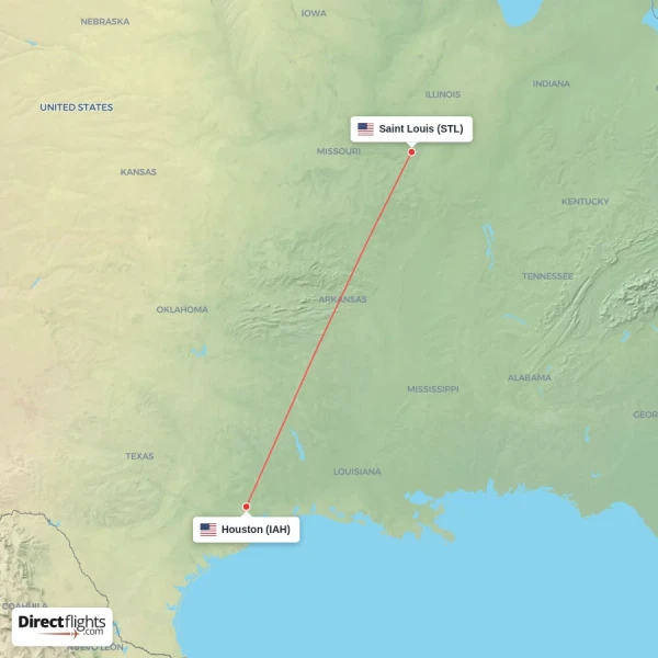 Saint Louis - Houston direct flight map