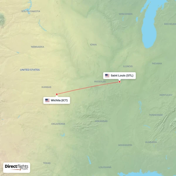 Saint Louis - Wichita direct flight map