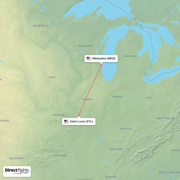 Saint Louis - Milwaukee direct flight map