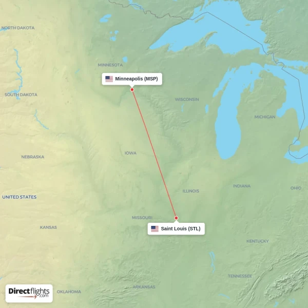 Saint Louis - Minneapolis direct flight map