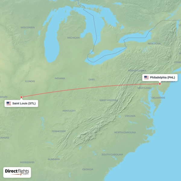 Saint Louis - Philadelphia direct flight map