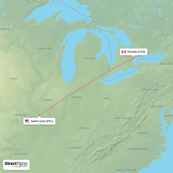 Saint Louis - Toronto direct flight map