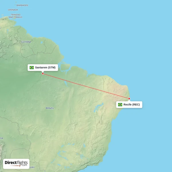 Santarem - Recife direct flight map