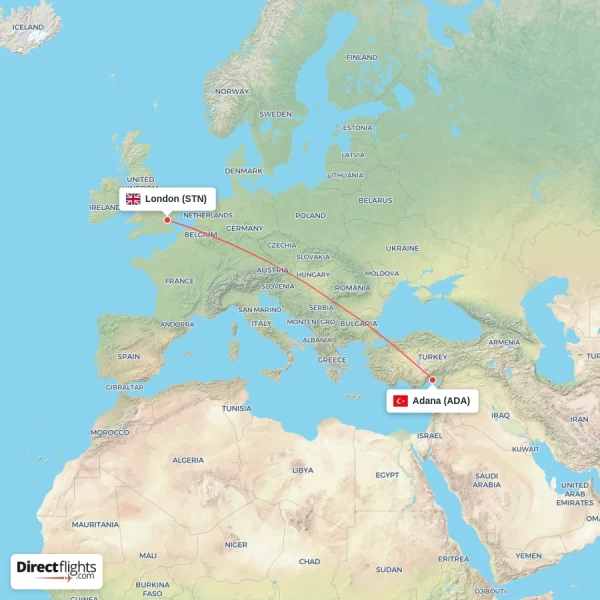 London - Adana direct flight map