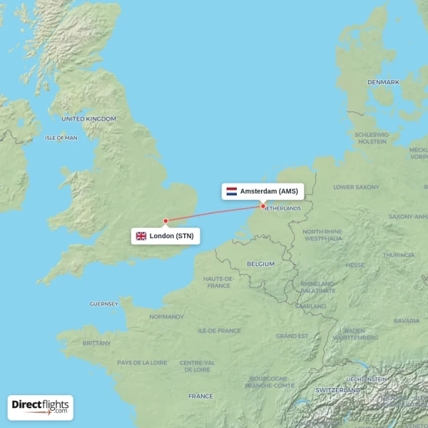 London - Amsterdam direct flight map