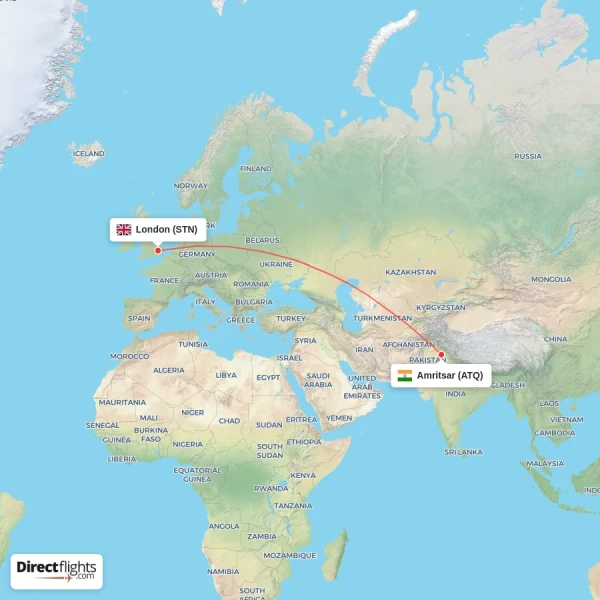 London - Amritsar direct flight map