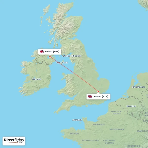 London - Belfast direct flight map