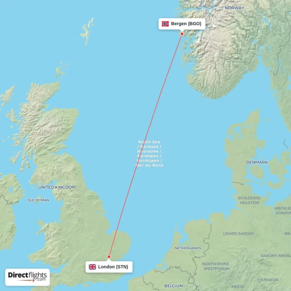 London - Bergen direct flight map
