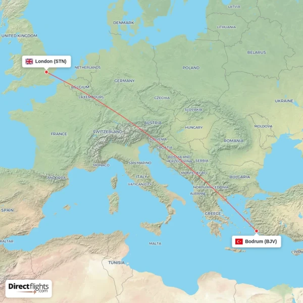 London - Bodrum direct flight map