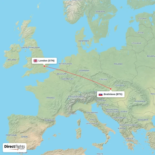 London - Bratislava direct flight map