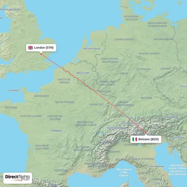 London - Bolzano direct flight map