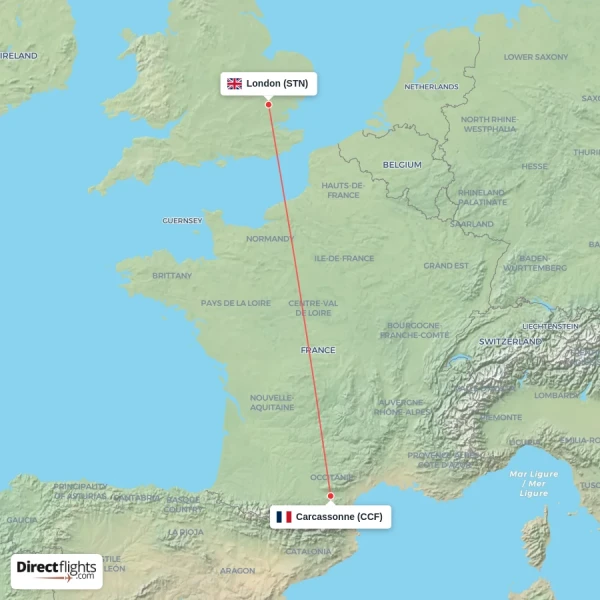 London - Carcassonne direct flight map