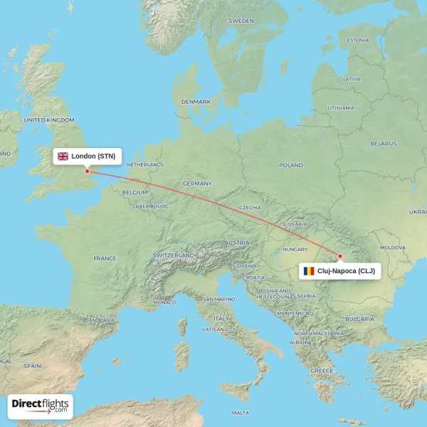 London - Cluj-Napoca direct flight map