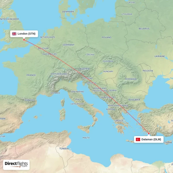 London - Dalaman direct flight map