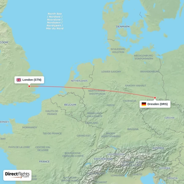 London - Dresden direct flight map