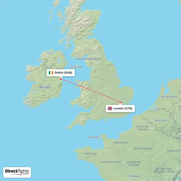 London - Dublin direct flight map
