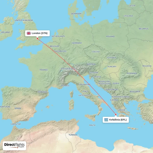 London - Kefallinia direct flight map