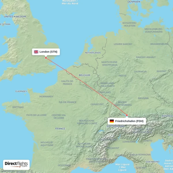 London - Friedrichshafen direct flight map