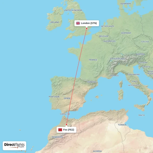 London - Fes direct flight map