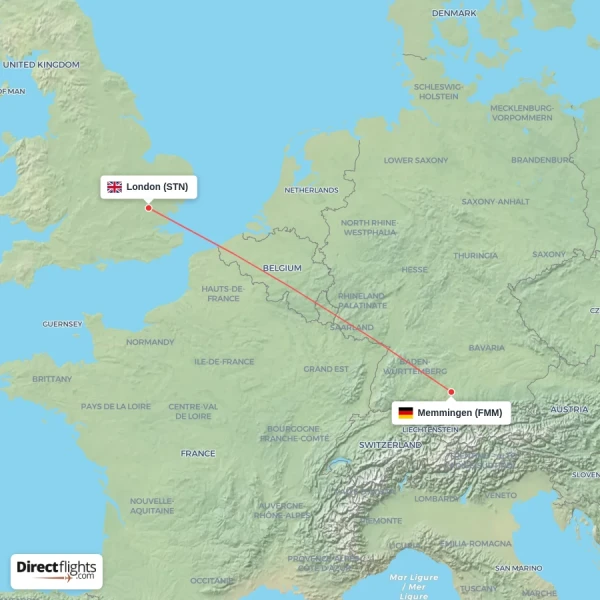 London - Memmingen direct flight map