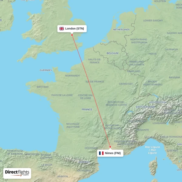 London - Nimes direct flight map