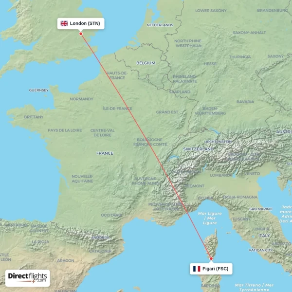 London - Figari direct flight map
