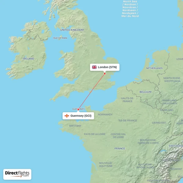 London - Guernsey direct flight map
