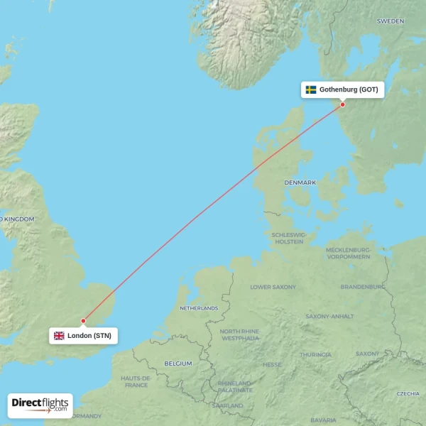 London - Gothenburg direct flight map