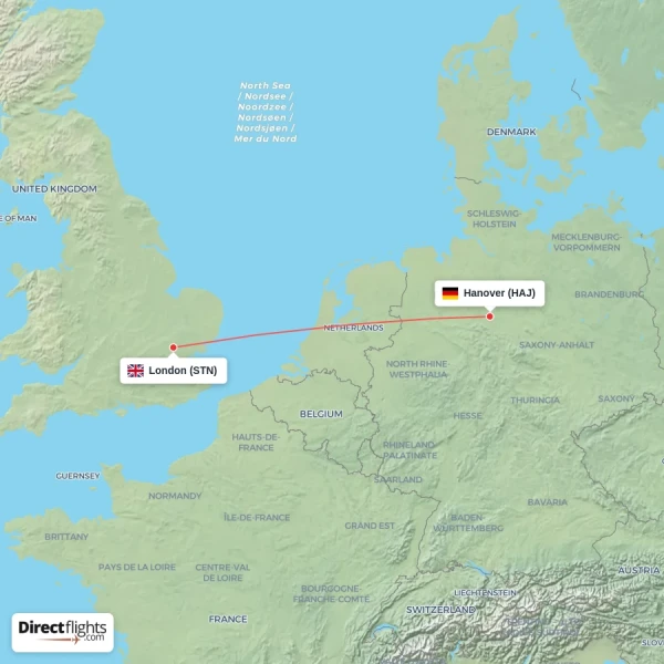 London - Hanover direct flight map