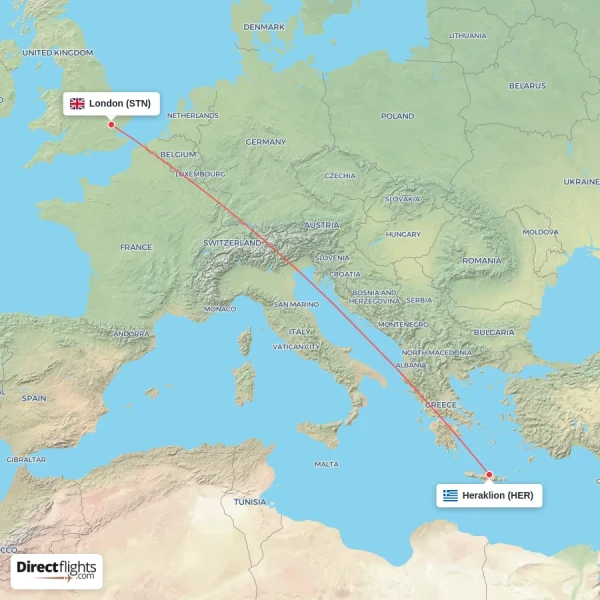 London - Heraklion direct flight map